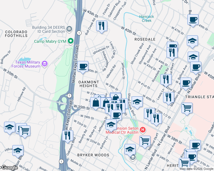 map of restaurants, bars, coffee shops, grocery stores, and more near 3901 Idlewild Road in Austin