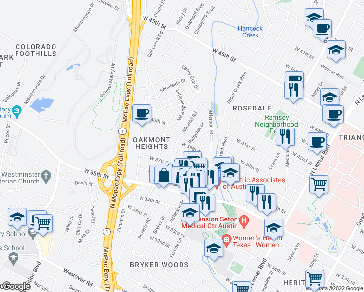 map of restaurants, bars, coffee shops, grocery stores, and more near 3901 Idlewild Road in Austin