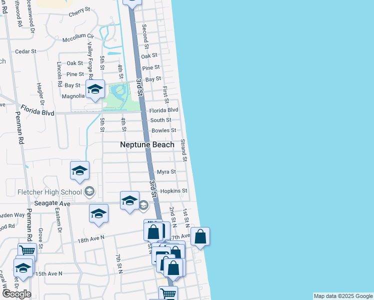 map of restaurants, bars, coffee shops, grocery stores, and more near 1602 Ocean Front in Neptune Beach