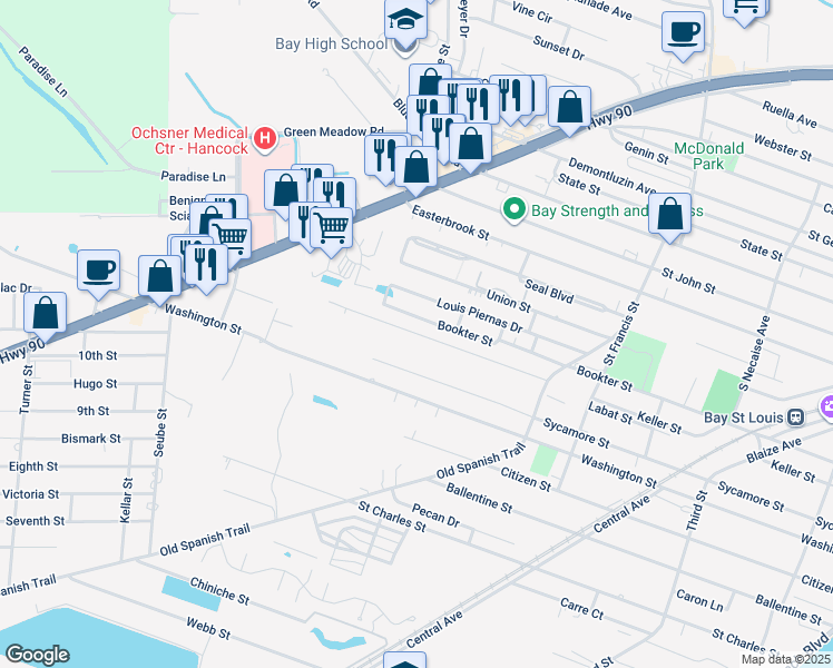 map of restaurants, bars, coffee shops, grocery stores, and more near 656 Keller Street in Bay Saint Louis