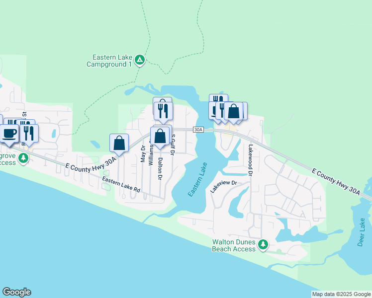 map of restaurants, bars, coffee shops, grocery stores, and more near 93 Dune Lakes Circle in Santa Rosa Beach