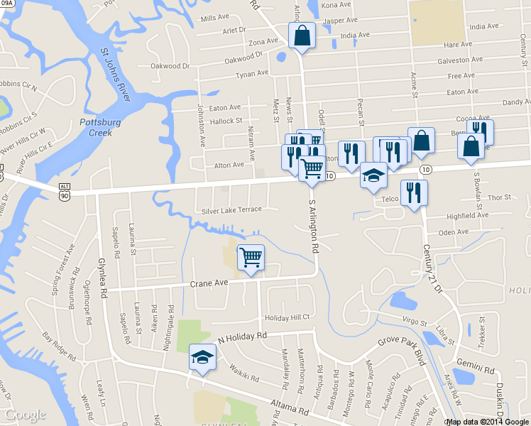 map of restaurants, bars, coffee shops, grocery stores, and more near 7244 Silver Lake Terrace in Jacksonville