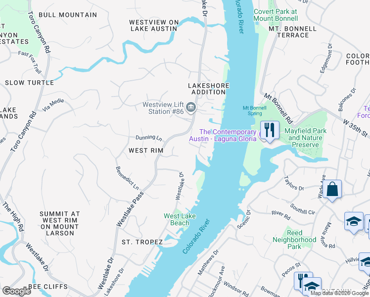 map of restaurants, bars, coffee shops, grocery stores, and more near 2938 Westlake Cove in Austin
