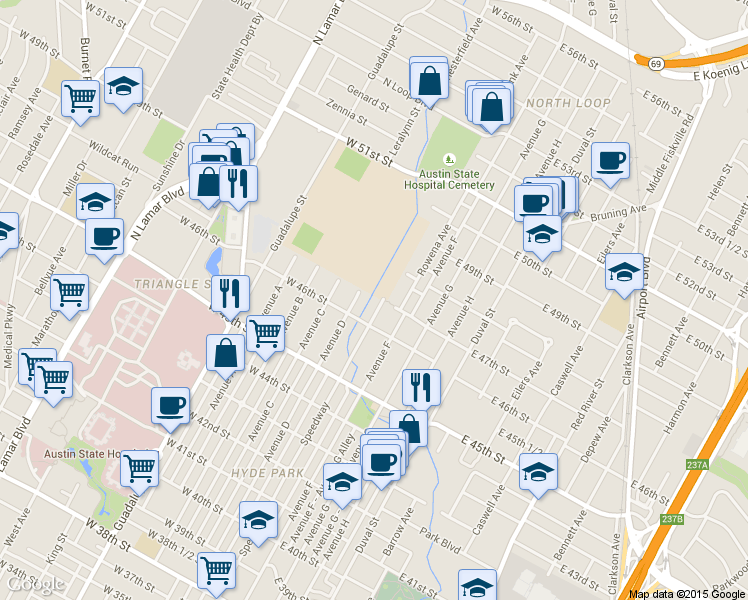map of restaurants, bars, coffee shops, grocery stores, and more near 4610 Speedway in Austin