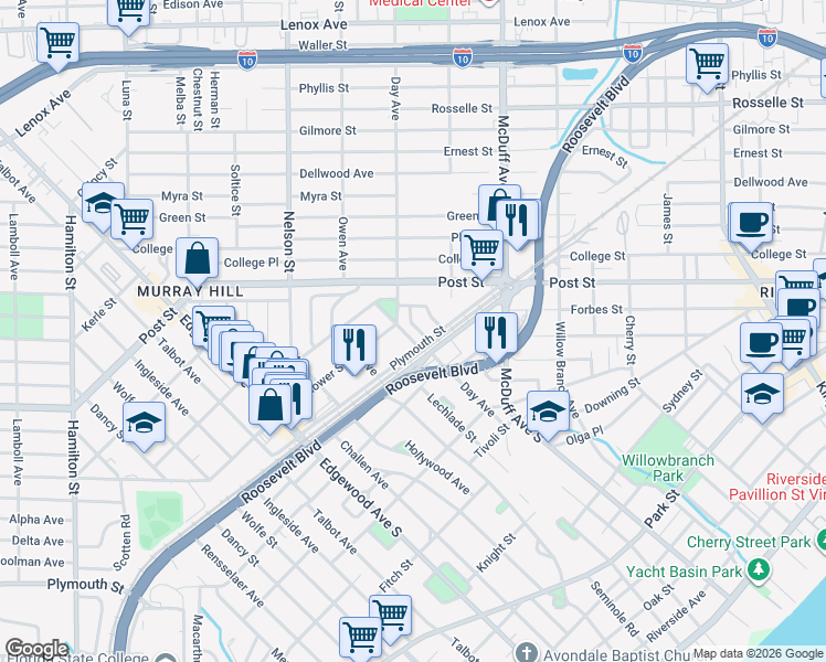 map of restaurants, bars, coffee shops, grocery stores, and more near 1038 Willis Drive in Jacksonville