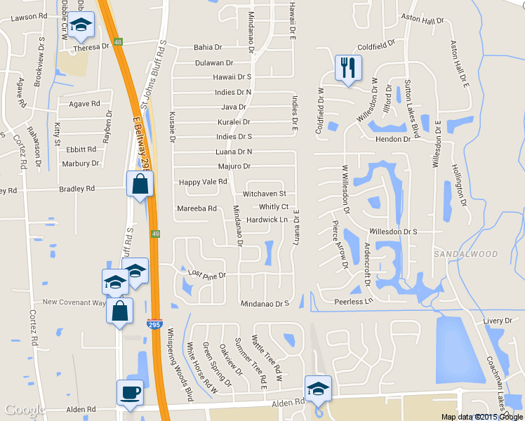 map of restaurants, bars, coffee shops, grocery stores, and more near 10915 Whitly Court in Jacksonville