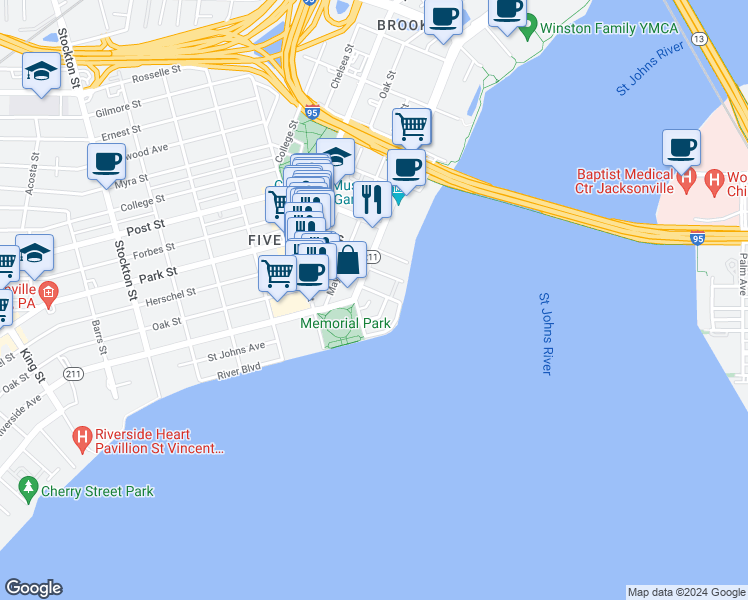 map of restaurants, bars, coffee shops, grocery stores, and more near 550 Lancaster Street in Jacksonville