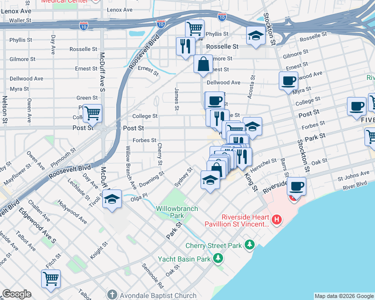map of restaurants, bars, coffee shops, grocery stores, and more near 2780 Forbes Street in Jacksonville