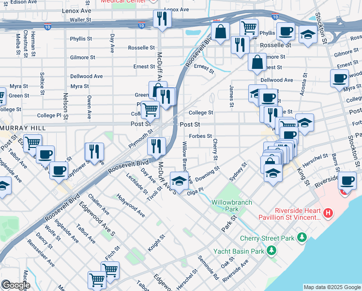 map of restaurants, bars, coffee shops, grocery stores, and more near 1046 Willow Branch Avenue in Jacksonville