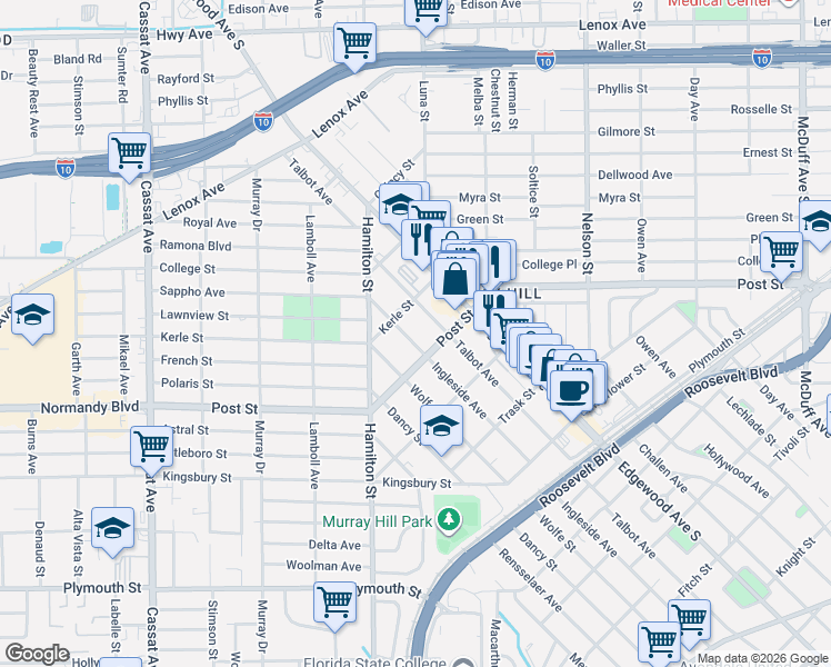 map of restaurants, bars, coffee shops, grocery stores, and more near 928 Talbot Avenue in Jacksonville