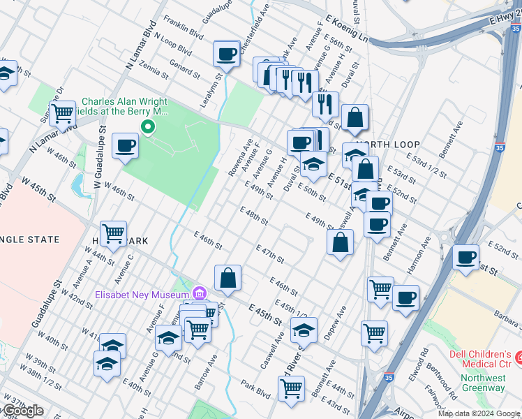 map of restaurants, bars, coffee shops, grocery stores, and more near 4811 Avenue H in Austin