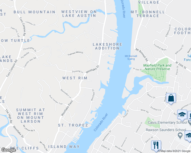 map of restaurants, bars, coffee shops, grocery stores, and more near 2935 Westlake Cove in Austin