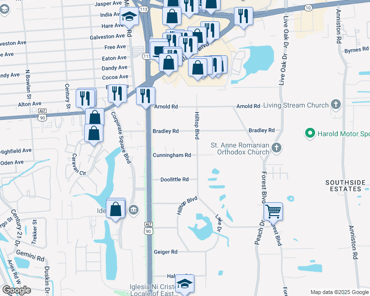 map of restaurants, bars, coffee shops, grocery stores, and more near 1838 Hilltop Boulevard in Jacksonville