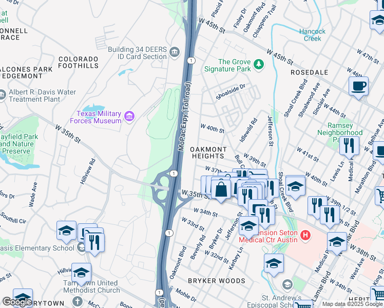 map of restaurants, bars, coffee shops, grocery stores, and more near 3712 Jackson Avenue in Austin