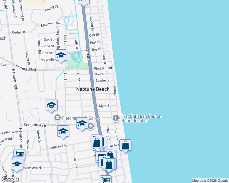 map of restaurants, bars, coffee shops, grocery stores, and more near 1602 Ocean Front in Neptune Beach