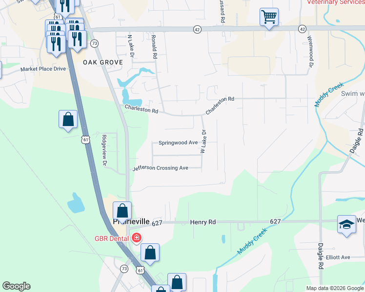 map of restaurants, bars, coffee shops, grocery stores, and more near 38160 Springwood Avenue in Prairieville