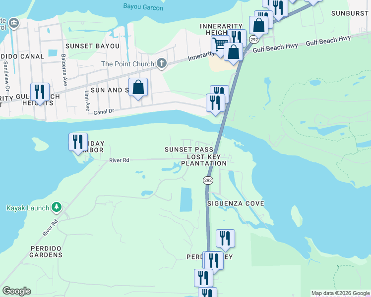 map of restaurants, bars, coffee shops, grocery stores, and more near 6070 Valhalla Avenue in Pensacola