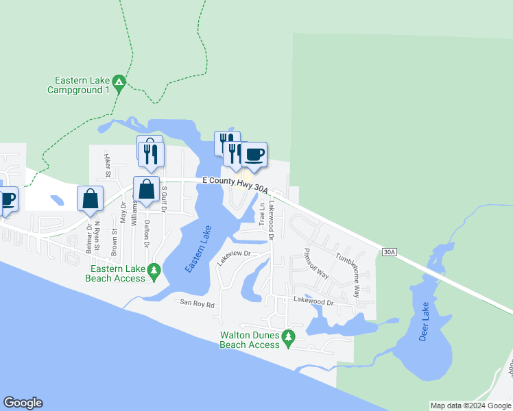 map of restaurants, bars, coffee shops, grocery stores, and more near 91 Trae Lane in Santa Rosa Beach