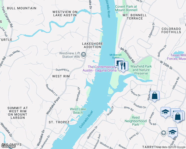 map of restaurants, bars, coffee shops, grocery stores, and more near 2917 Westlake Cove in Austin
