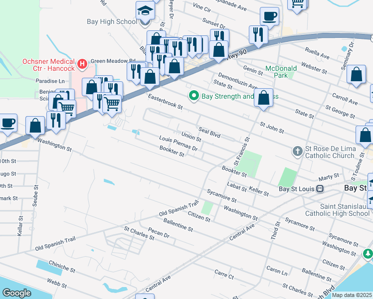 map of restaurants, bars, coffee shops, grocery stores, and more near 704 Lucien Kidd Street in Bay Saint Louis