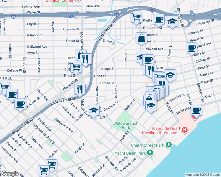 map of restaurants, bars, coffee shops, grocery stores, and more near 2883 Selma Street in Jacksonville
