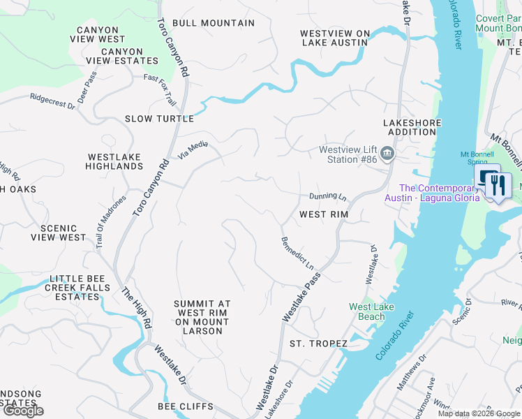 map of restaurants, bars, coffee shops, grocery stores, and more near 4311 Bennedict Lane in Austin