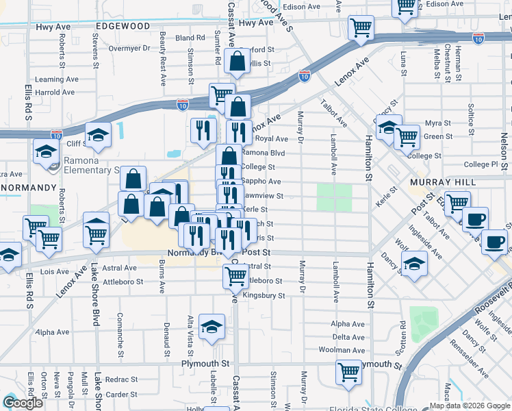 map of restaurants, bars, coffee shops, grocery stores, and more near 4808 Lawnview Street in Jacksonville