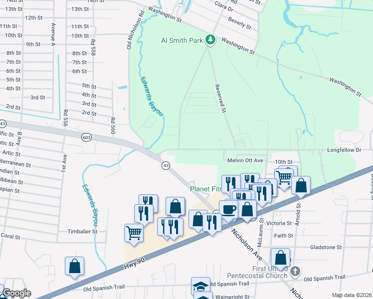 map of restaurants, bars, coffee shops, grocery stores, and more near 3218 Longfellow Drive in Bay St. Louis
