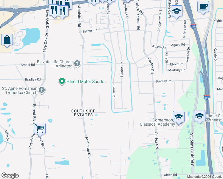 map of restaurants, bars, coffee shops, grocery stores, and more near 2137 Leon Road in Jacksonville