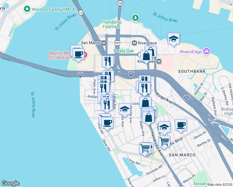 map of restaurants, bars, coffee shops, grocery stores, and more near 1402 Belmonte Avenue in Jacksonville