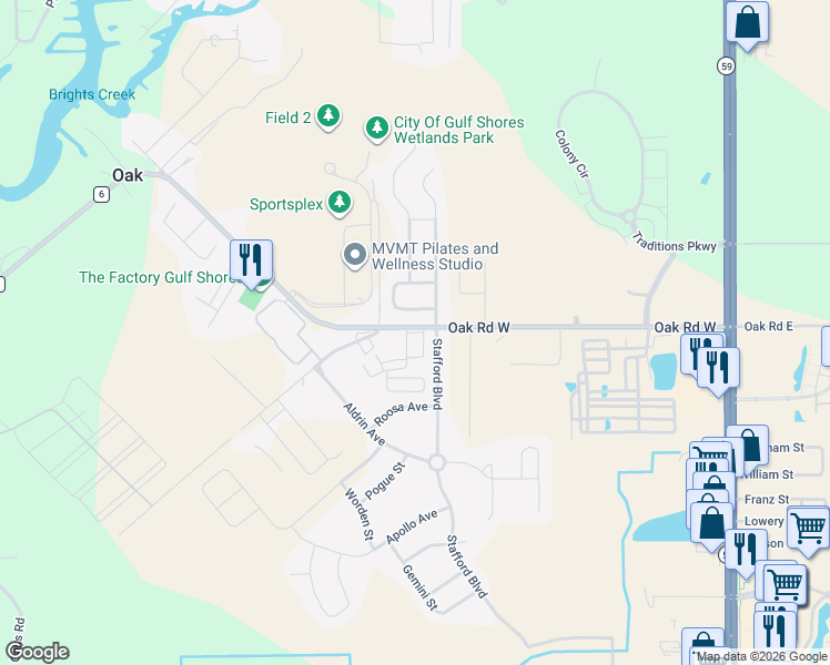 map of restaurants, bars, coffee shops, grocery stores, and more near 349 Thornhill Circle in Gulf Shores