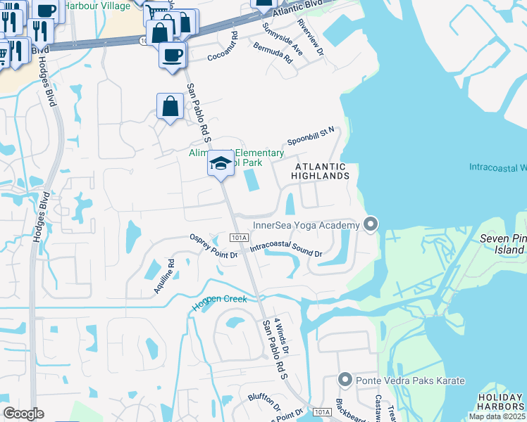 map of restaurants, bars, coffee shops, grocery stores, and more near 13819 Ibis Point Boulevard in Jacksonville