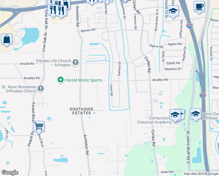 map of restaurants, bars, coffee shops, grocery stores, and more near 2137 Leon Road in Jacksonville
