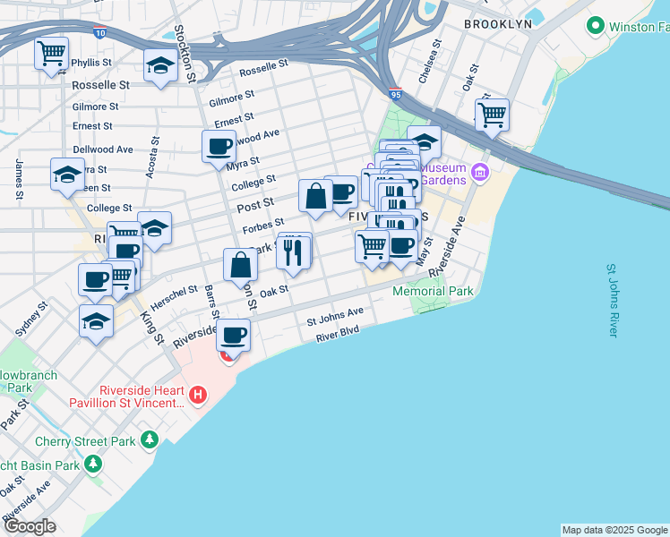 map of restaurants, bars, coffee shops, grocery stores, and more near 2142 Herschel Street in Jacksonville