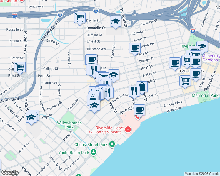 map of restaurants, bars, coffee shops, grocery stores, and more near 2649 Gale Court in Jacksonville