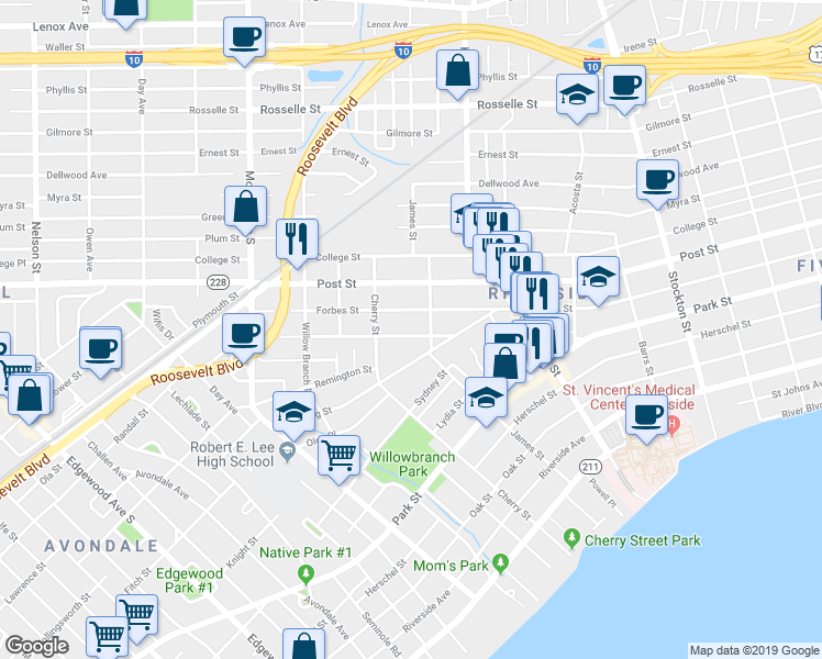 map of restaurants, bars, coffee shops, grocery stores, and more near 2818 Forbes Street in Jacksonville