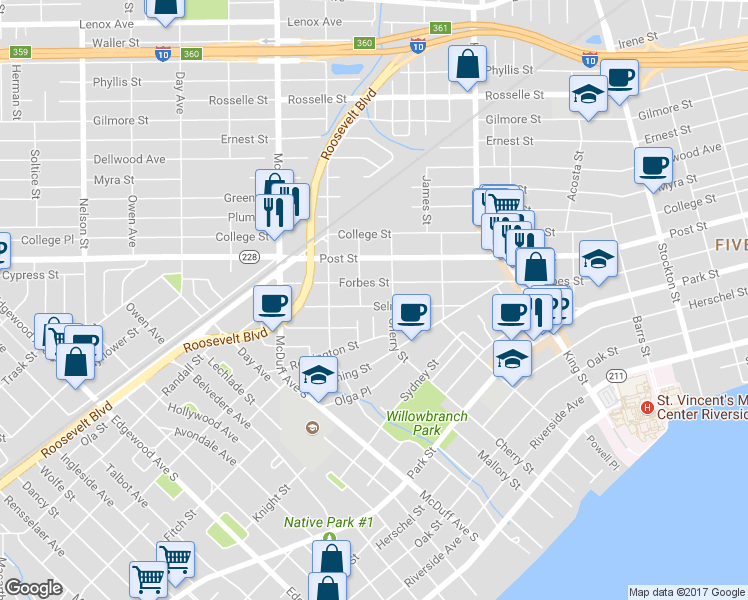 map of restaurants, bars, coffee shops, grocery stores, and more near 2902 Forbes Street in Jacksonville