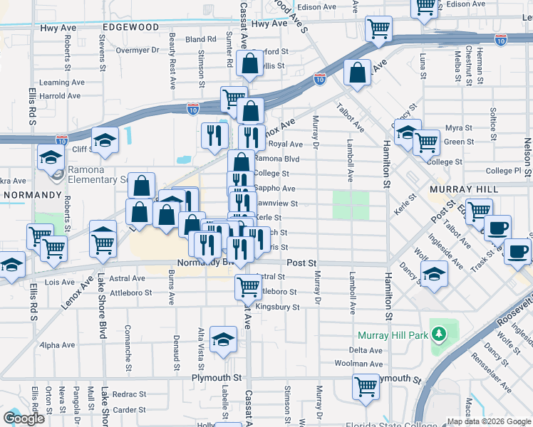 map of restaurants, bars, coffee shops, grocery stores, and more near 4808 Lawnview Street in Jacksonville