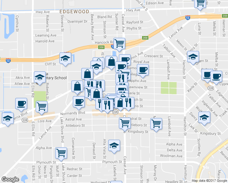map of restaurants, bars, coffee shops, grocery stores, and more near 5036 Lawnview Street in Jacksonville