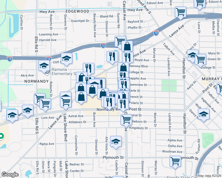 map of restaurants, bars, coffee shops, grocery stores, and more near 870 Garth Avenue in Jacksonville