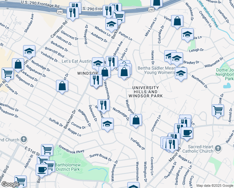 map of restaurants, bars, coffee shops, grocery stores, and more near 2000 Dexmoor Drive in Austin