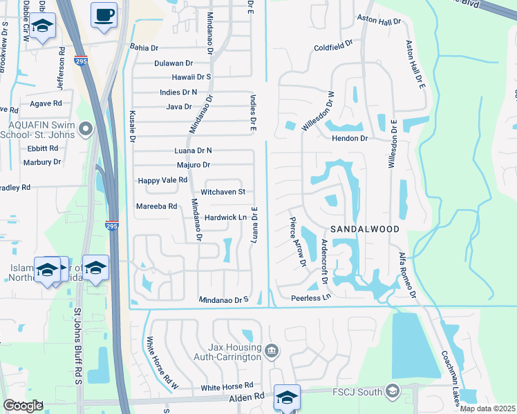 map of restaurants, bars, coffee shops, grocery stores, and more near 2185 Luana Drive East in Jacksonville
