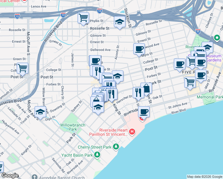map of restaurants, bars, coffee shops, grocery stores, and more near 1114 Acosta Street in Jacksonville