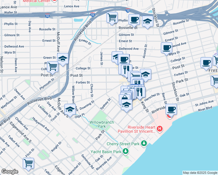 map of restaurants, bars, coffee shops, grocery stores, and more near 2780 Forbes Street in Jacksonville