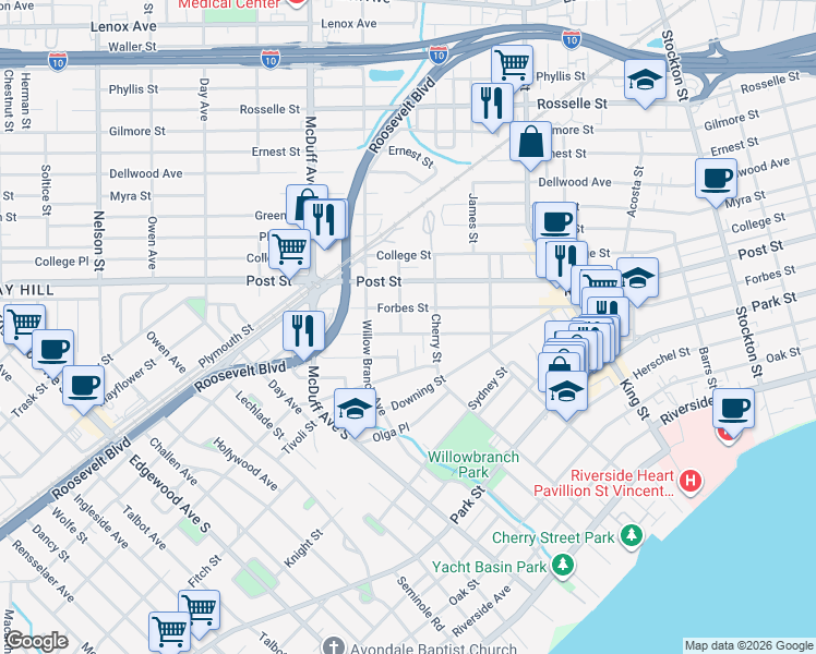 map of restaurants, bars, coffee shops, grocery stores, and more near 2902 Forbes Street in Jacksonville