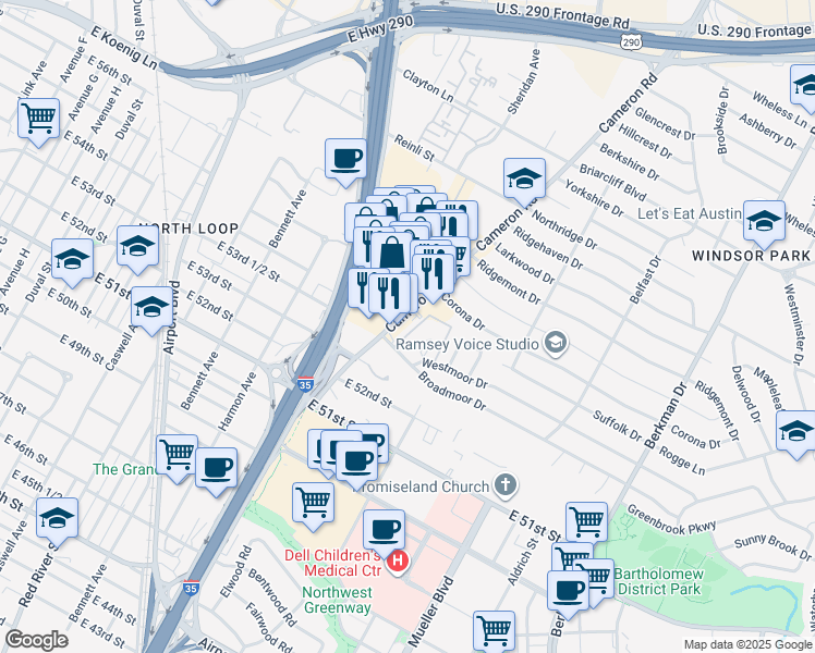 map of restaurants, bars, coffee shops, grocery stores, and more near 5423 Cameron Road in Austin