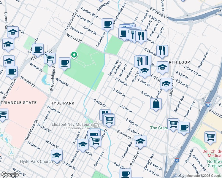 map of restaurants, bars, coffee shops, grocery stores, and more near 4716 Avenue G in Austin