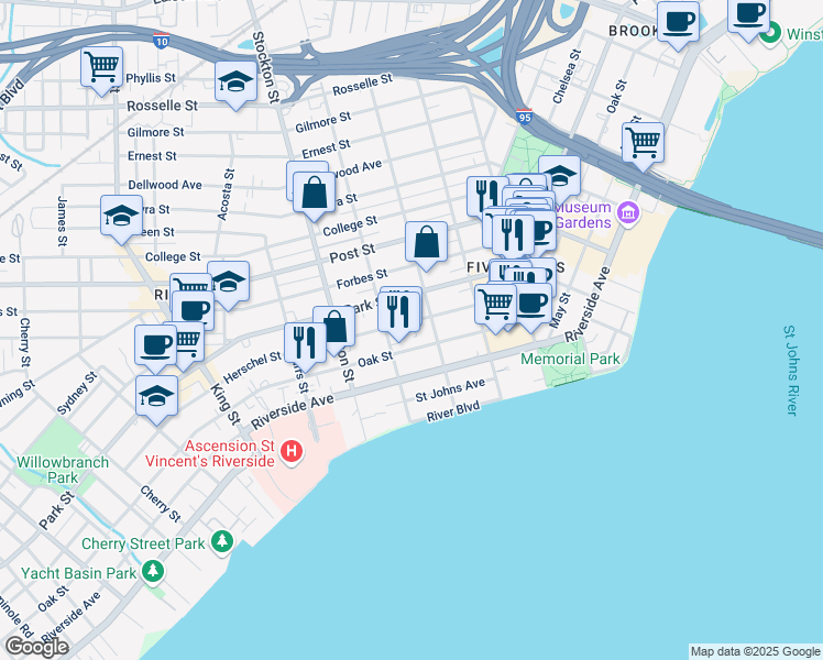 map of restaurants, bars, coffee shops, grocery stores, and more near 2230 Herschel Street in Jacksonville