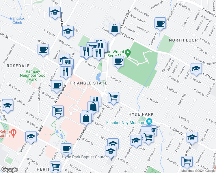map of restaurants, bars, coffee shops, grocery stores, and more near 4532 Guadalupe Street in Austin