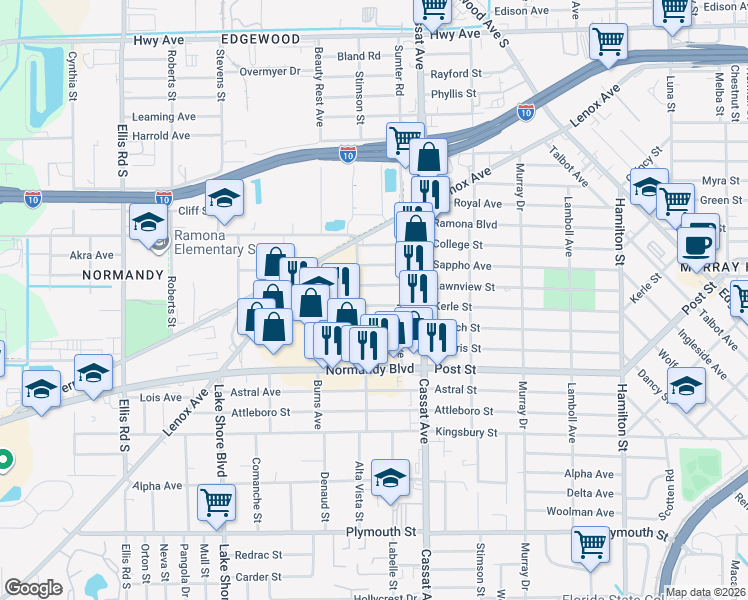 map of restaurants, bars, coffee shops, grocery stores, and more near 870 Garth Avenue in Jacksonville